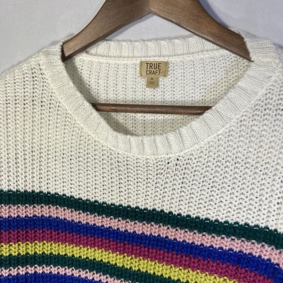 TRUE CRAFT white blue multicolor stripe color block crew neck pullover sweater M - Picture 2 of 11